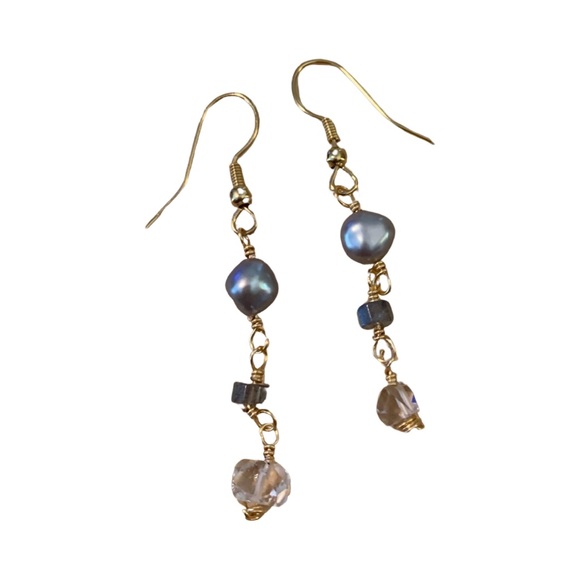 Handmade Pearl Labradorite and Herkimer Dangle Earrings - Picture 10 of 11